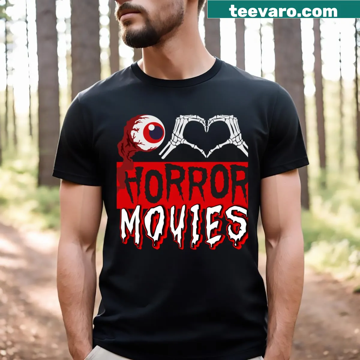 I Love Horror Movies t-shirt with bold text — on a men's t-shirt