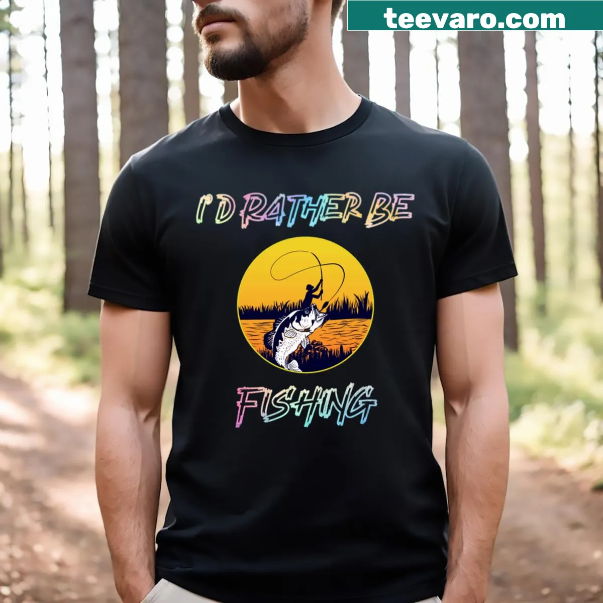 Funny fishing shirt stating 'I'd Rather Be Fishing' — on a men's t-shirt