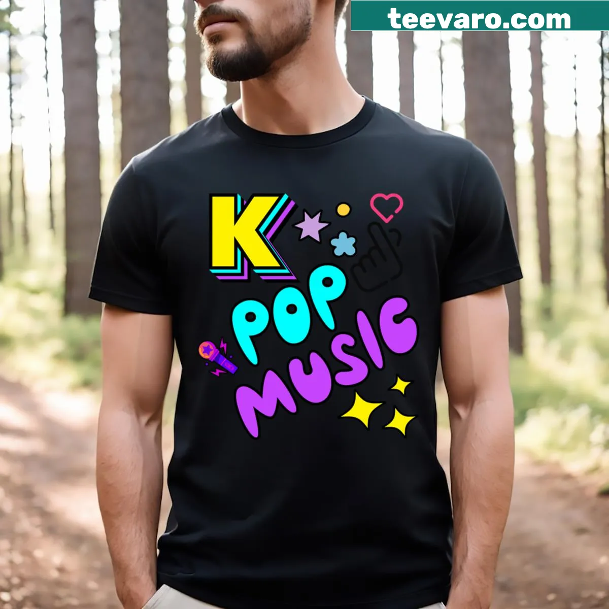 Playful K-Pop music T-shirt with trendy text — on a men's t-shirt