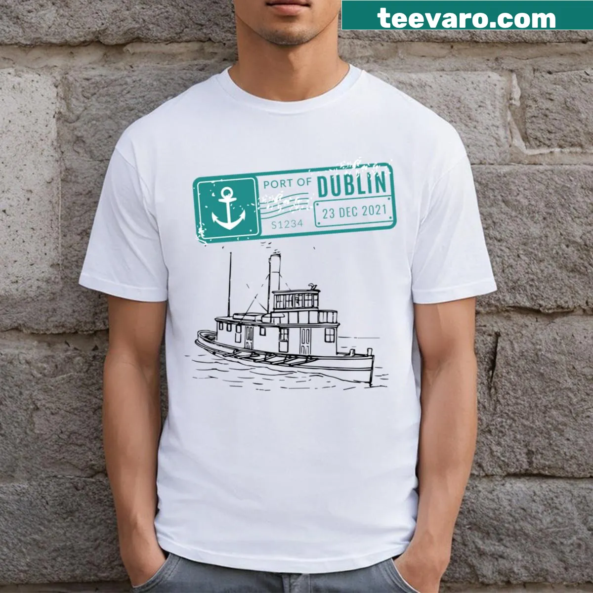 T-shirt featuring a boat illustration for outdoor adventure enthusiasts. — on a men's t-shirt