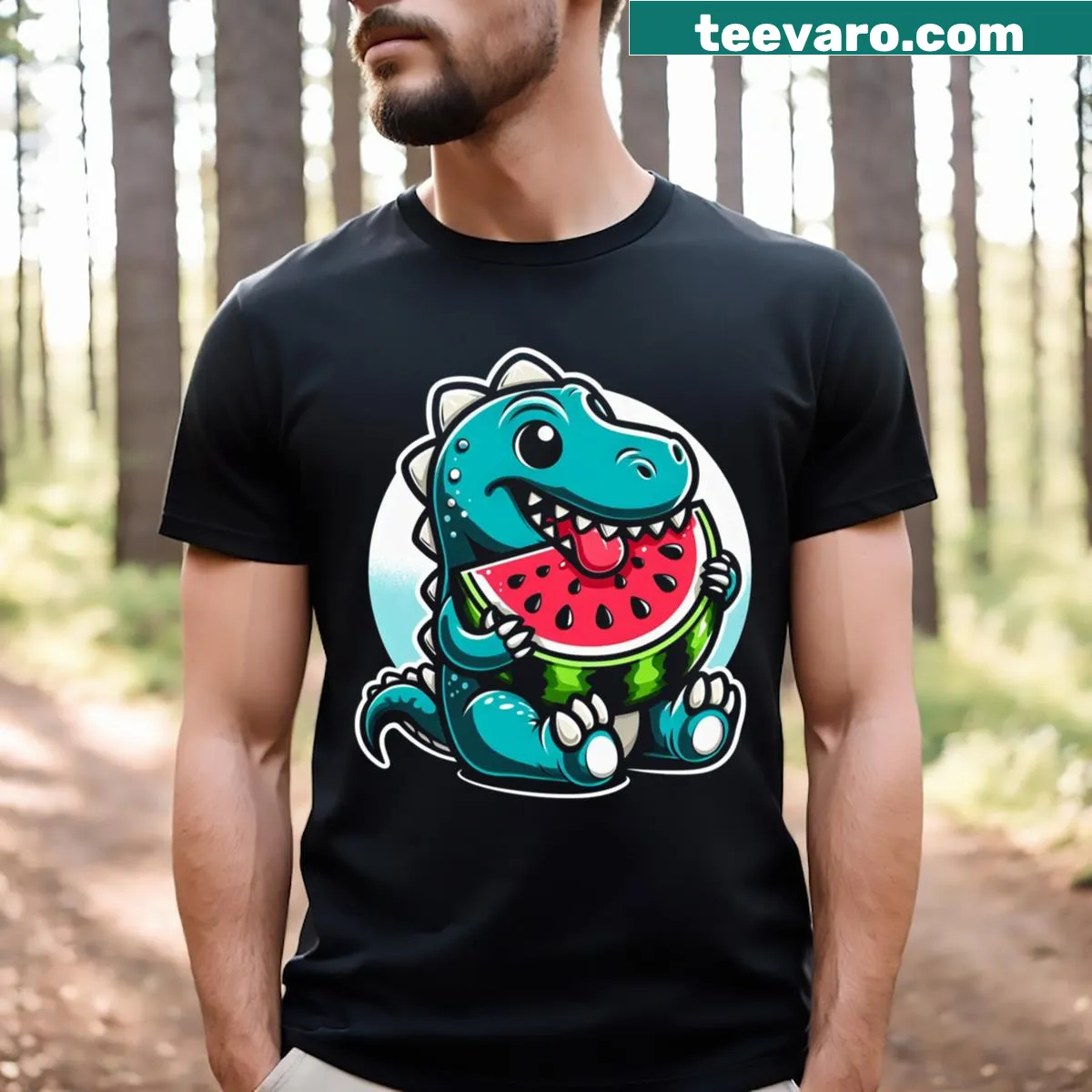 Fun T-shirt with a cartoon Melonsaurus T-Rex and watermelon — on a men's t-shirt