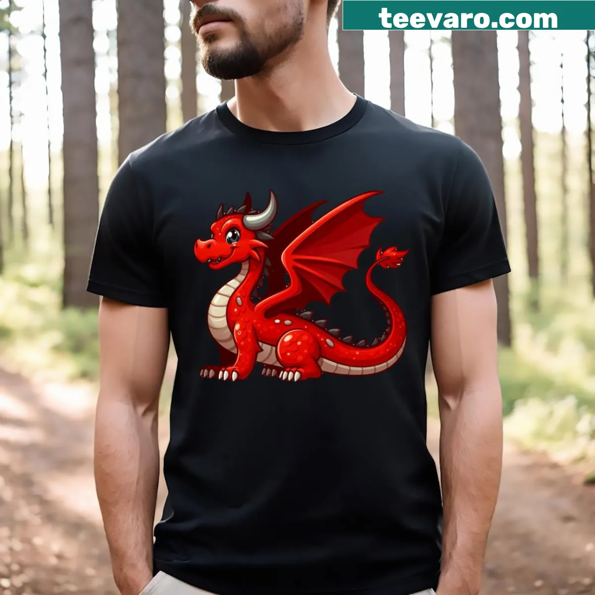 Illustrated t-shirt featuring a mighty red dragon — on a men's t-shirt