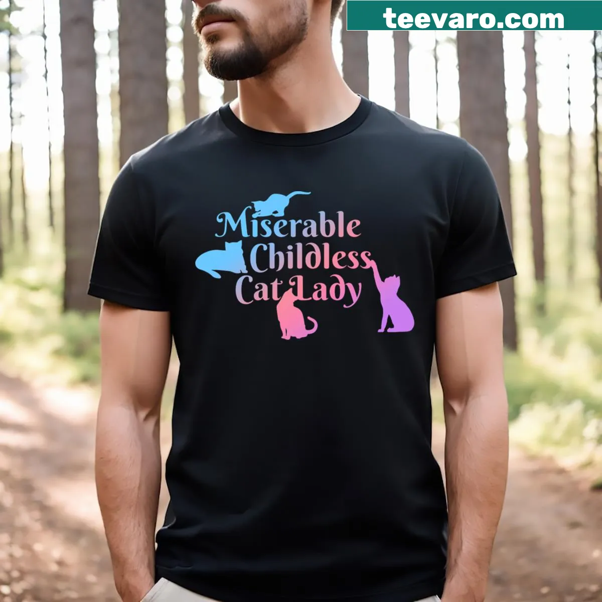 Funny apparel t-shirt declaring 'Miserable Childless Cat Lady' in bold text — on a men's t-shirt