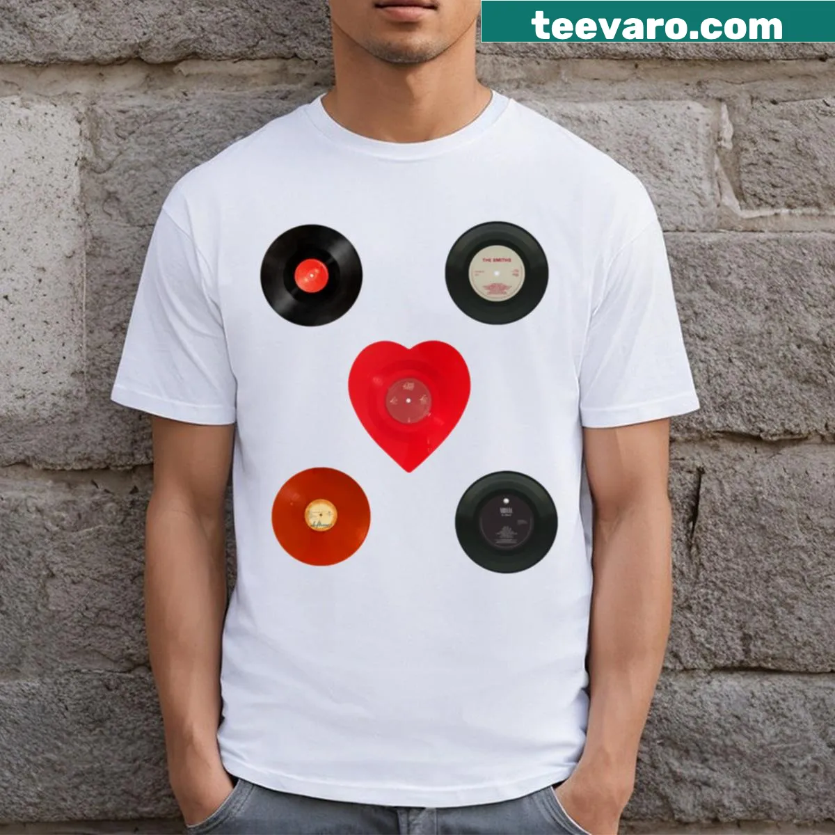 Heart-shaped design integrated with a vinyl record on a T-shirt — on a men's t-shirt