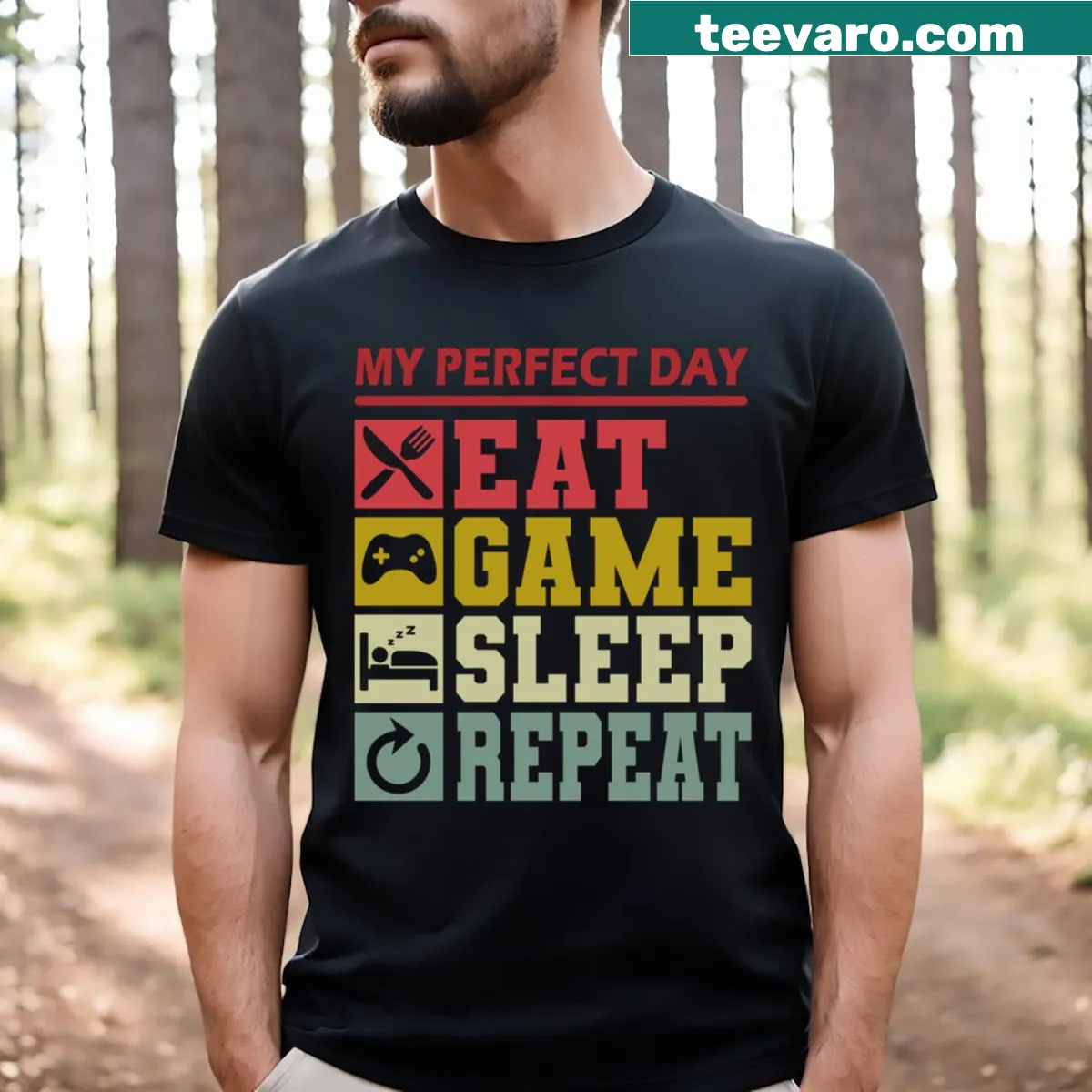 Funny gamer t-shirt with the phrase 'My Perfect Day Video Games' — on a men's t-shirt