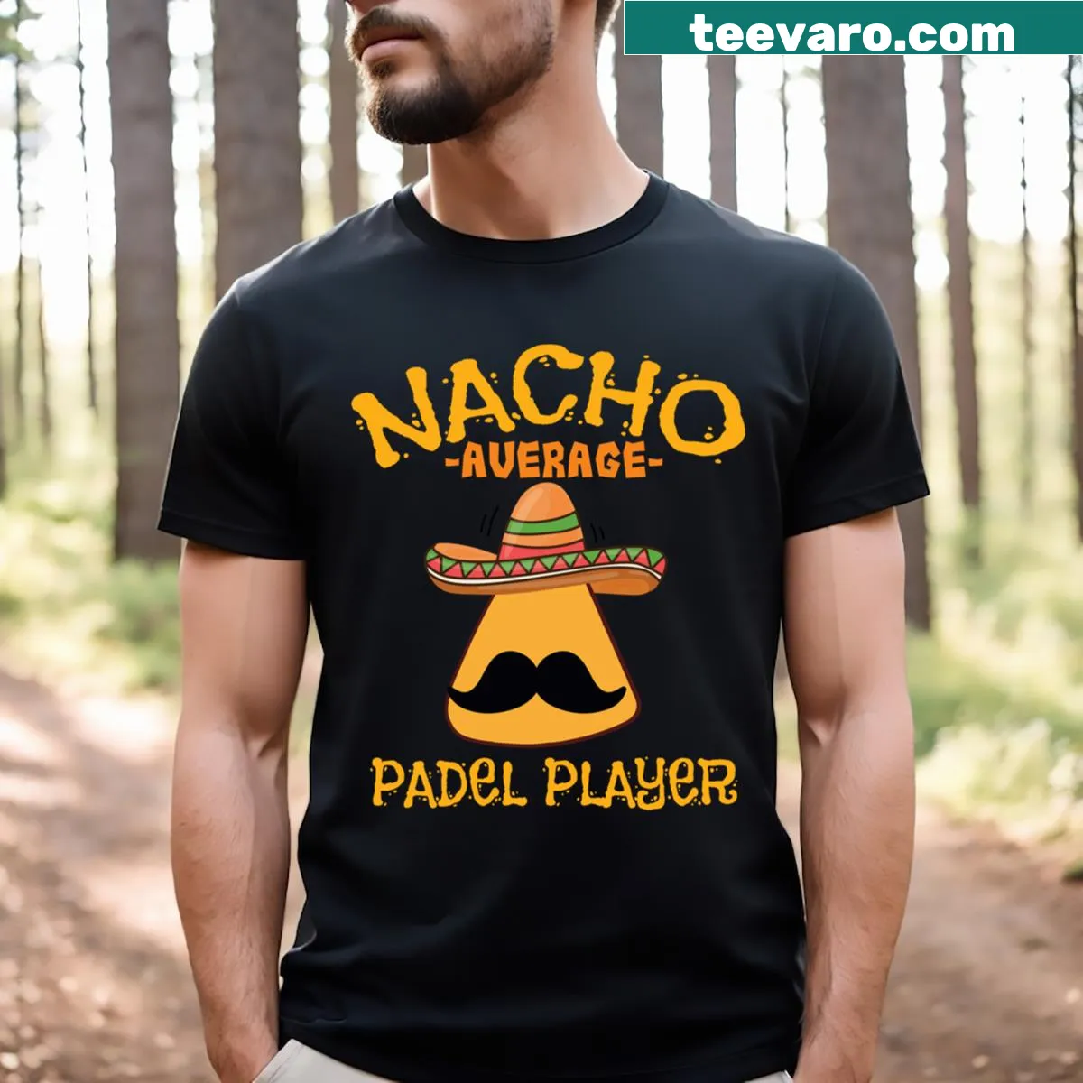 Humorous t-shirt for padel players with the phrase 'Nacho Average Padel Player' — on a men's t-shirt
