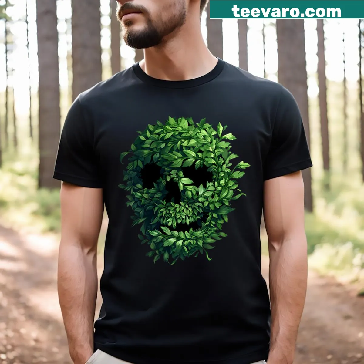 Illustrative Nature Skull design with greenery on a t-shirt — on a men's t-shirt