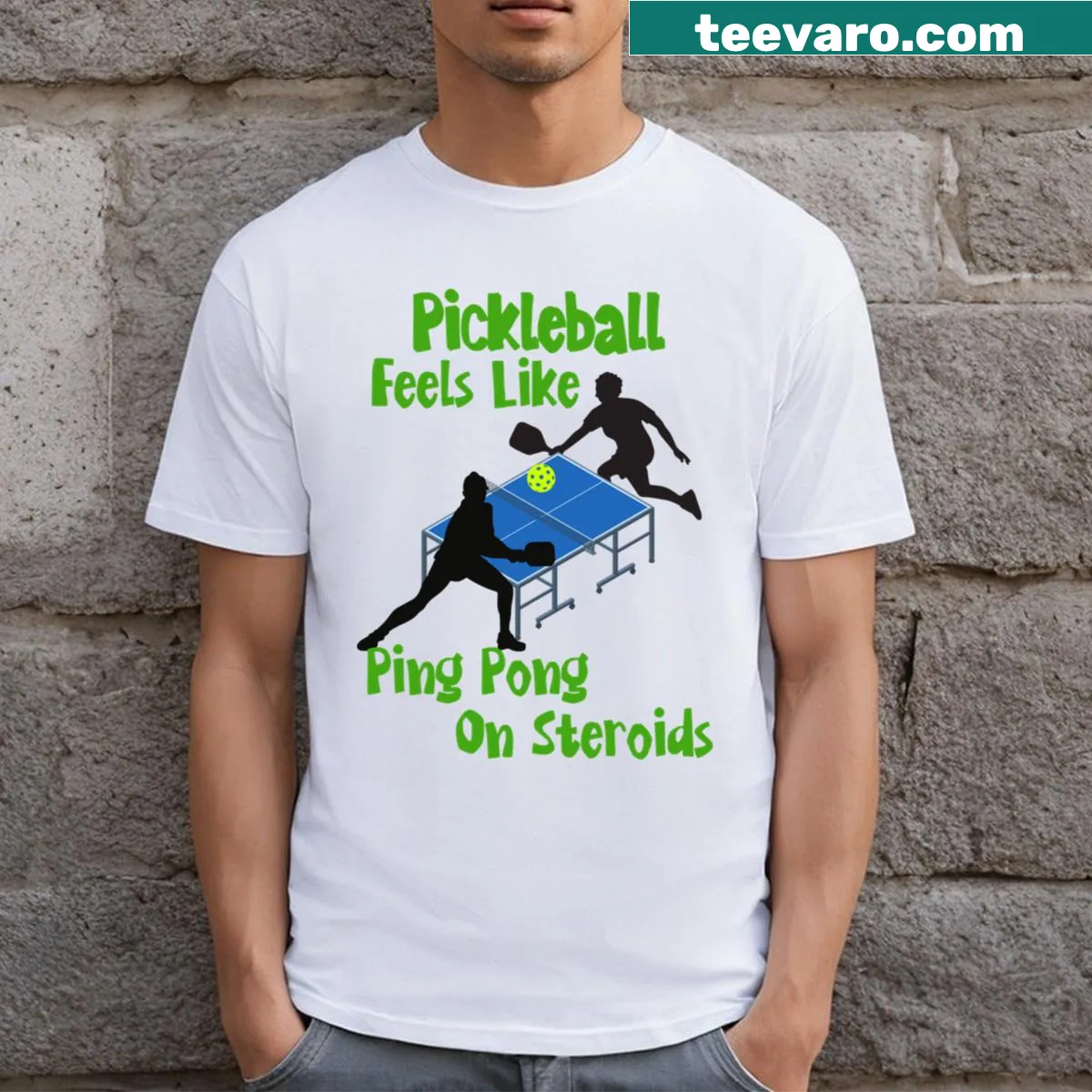 Playful tee comparing pickleball and ping pong — on a men's t-shirt