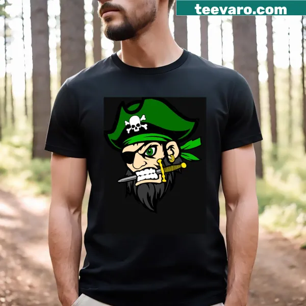 Cartoon-style pirate mascot graphic on a T-shirt