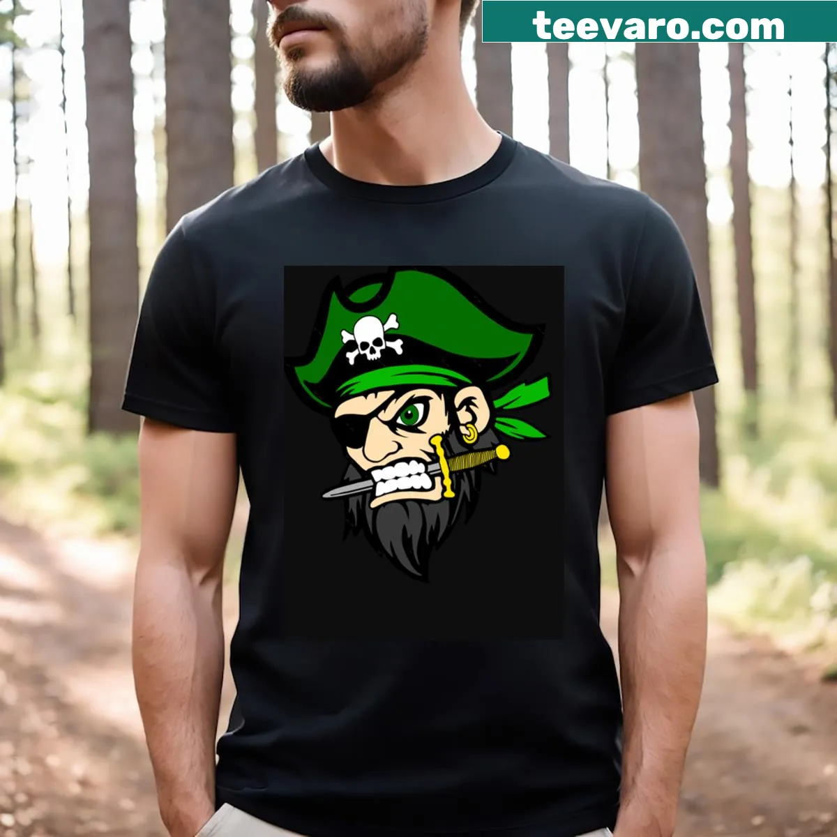 Cartoon-style pirate mascot graphic on a T-shirt — on a men's t-shirt
