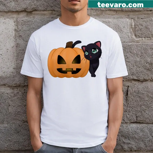 Adorable pumpkin-themed cat illustration on a t-shirt