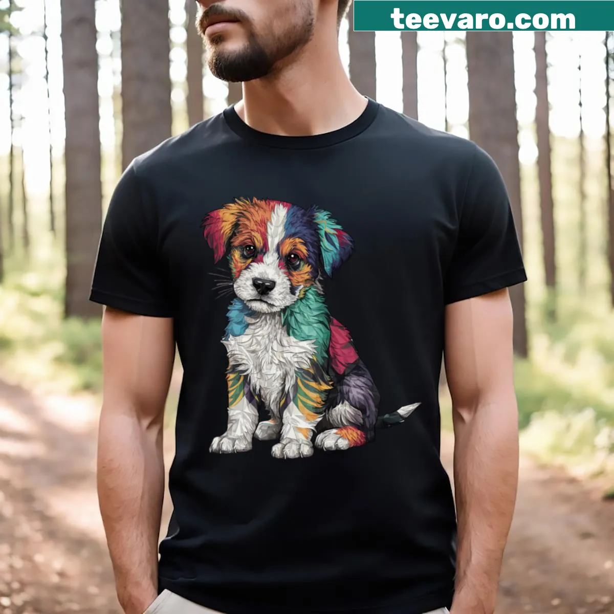 Cheerful rainbow-themed dog illustration on a t-shirt — on a men's t-shirt