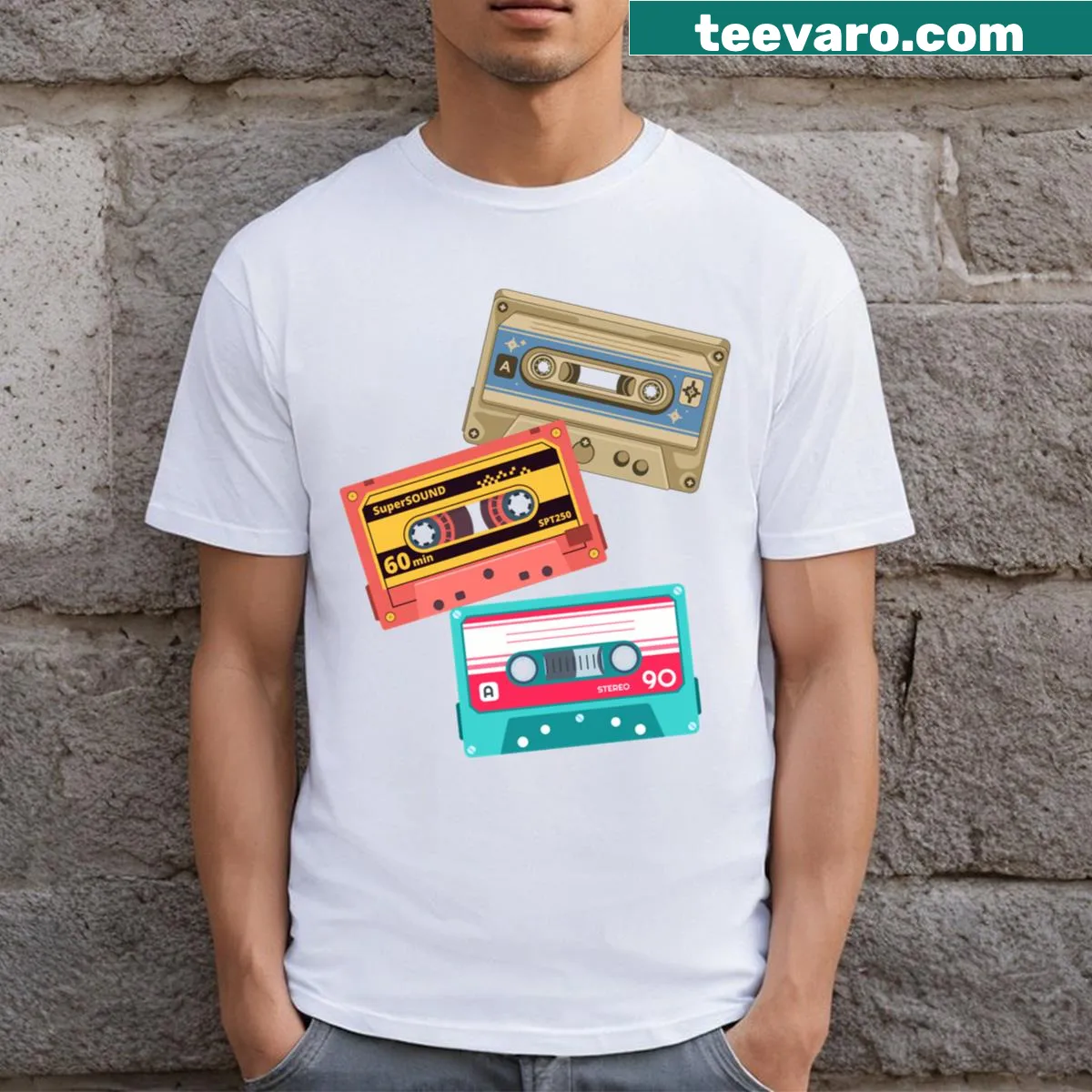 Retro cartoon cassette tapes graphic on a T-shirt — on a men's t-shirt