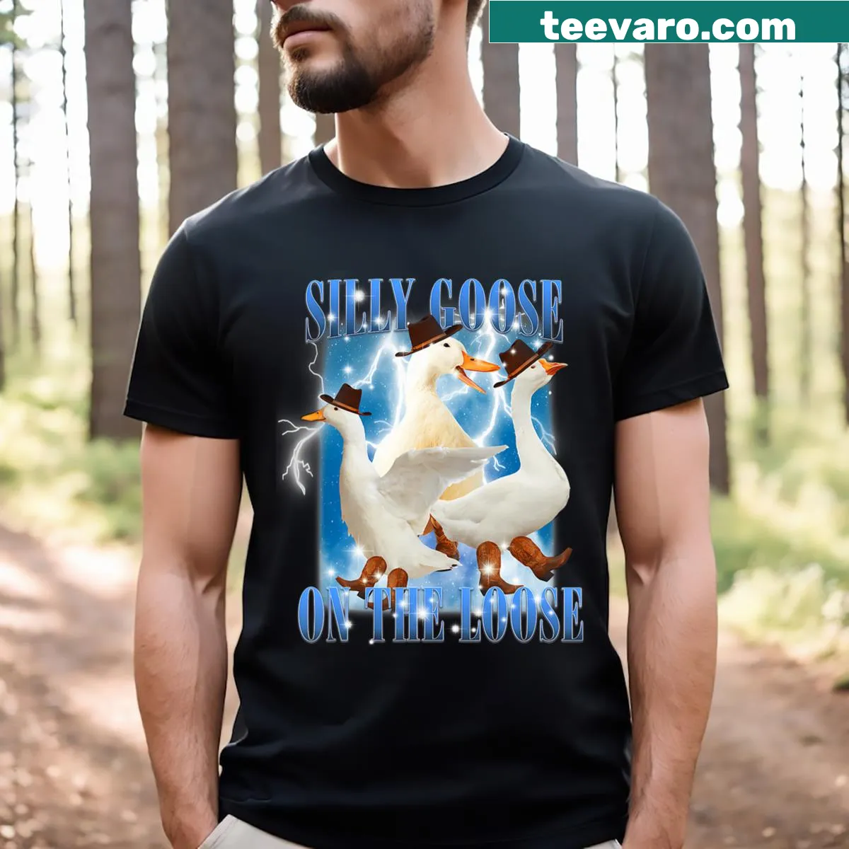 Whimsical illustration of a silly goose on a T-shirt — on a men's t-shirt