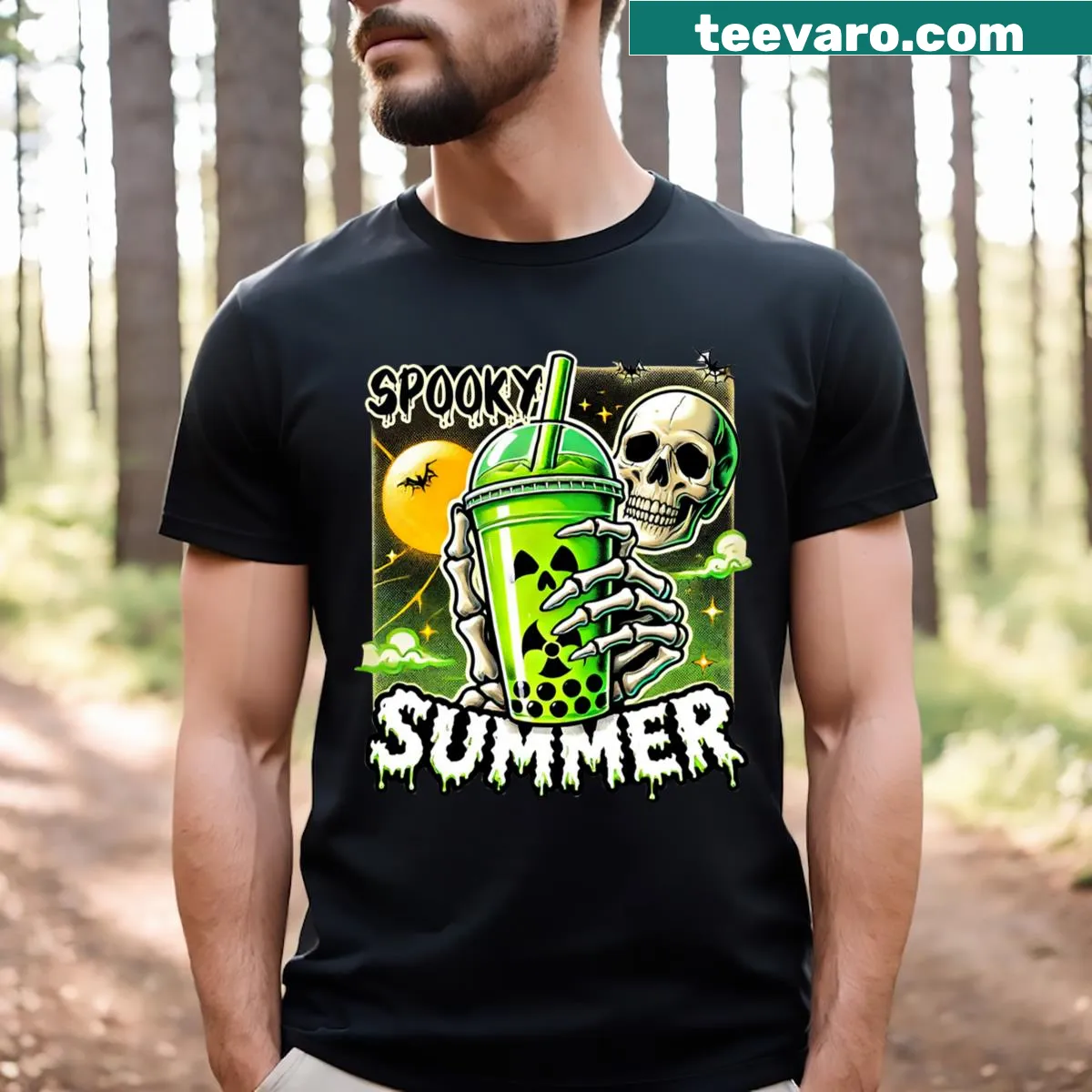 Summer t-shirt featuring a skeleton enjoying iced coffee — on a men's t-shirt
