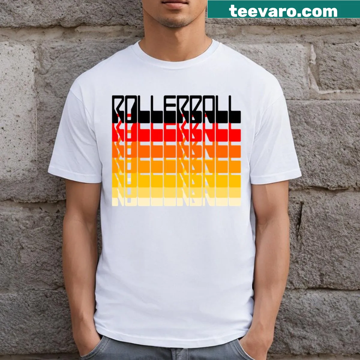 Vintage distressed Rollerball 75 sci-fi design T-shirt — on a men's t-shirt