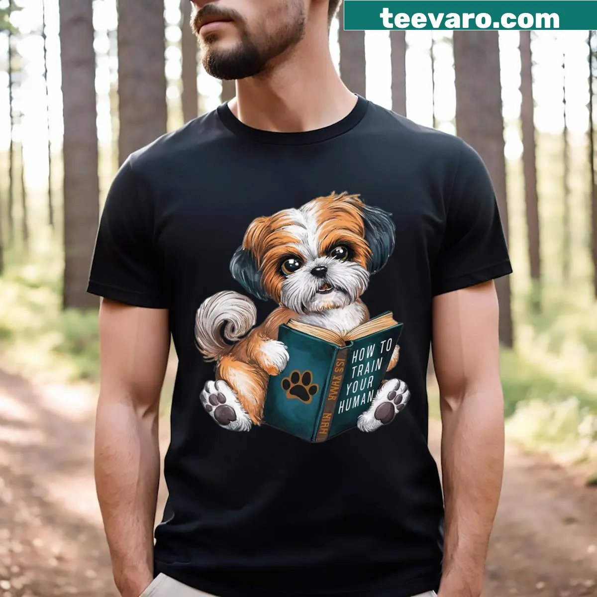 Humorous Shih Tzu T-shirt with cartoon design about training humans — on a men's t-shirt