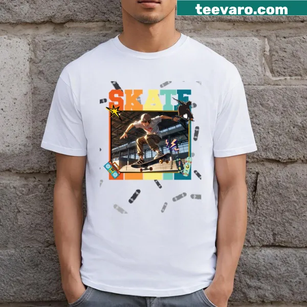 Cartoon graphic of a skateboarder in action on a T-shirt