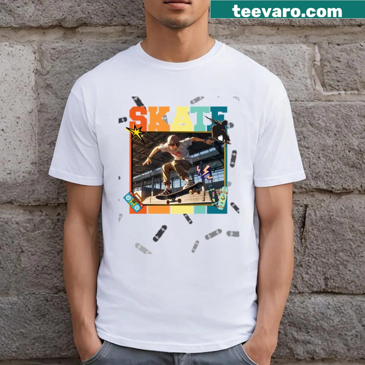 Cartoon graphic of a skateboarder in action on a T-shirt — on a men's t-shirt