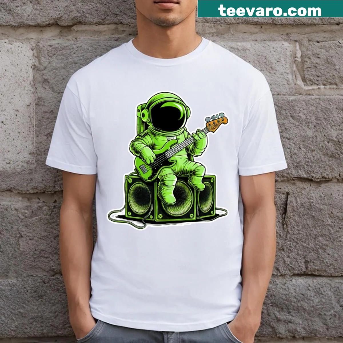 Imaginative t-shirt merging space and music themes — on a men's t-shirt