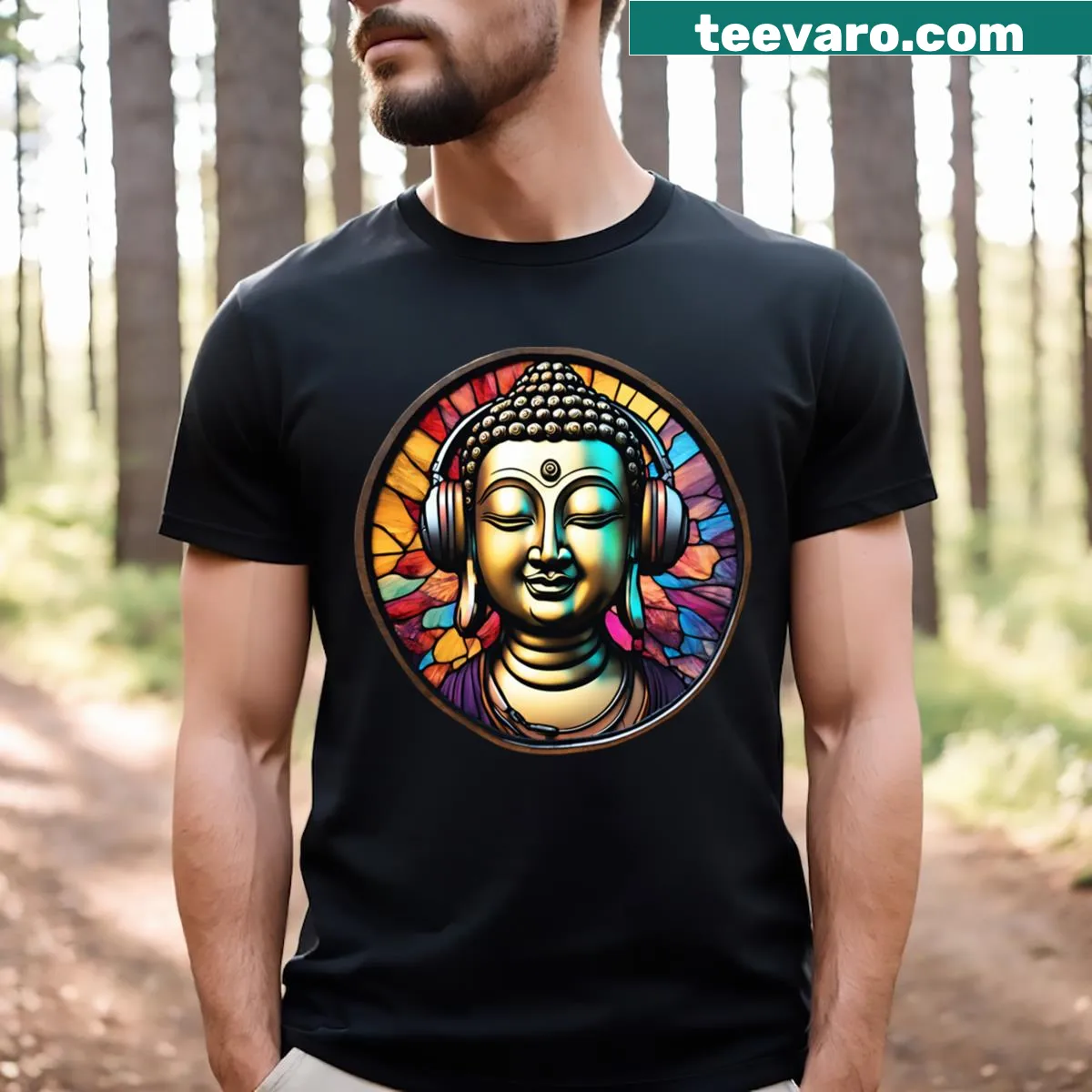 Graphic of a stained glass Buddha with musical elements on a T-shirt — on a men's t-shirt