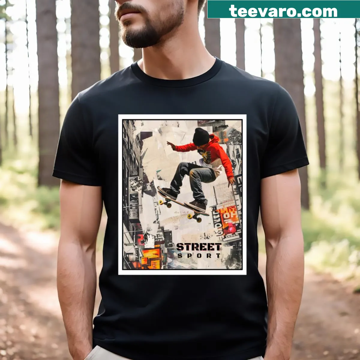Bright orange skateboard graphic T-shirt with old school elements — on a men's t-shirt
