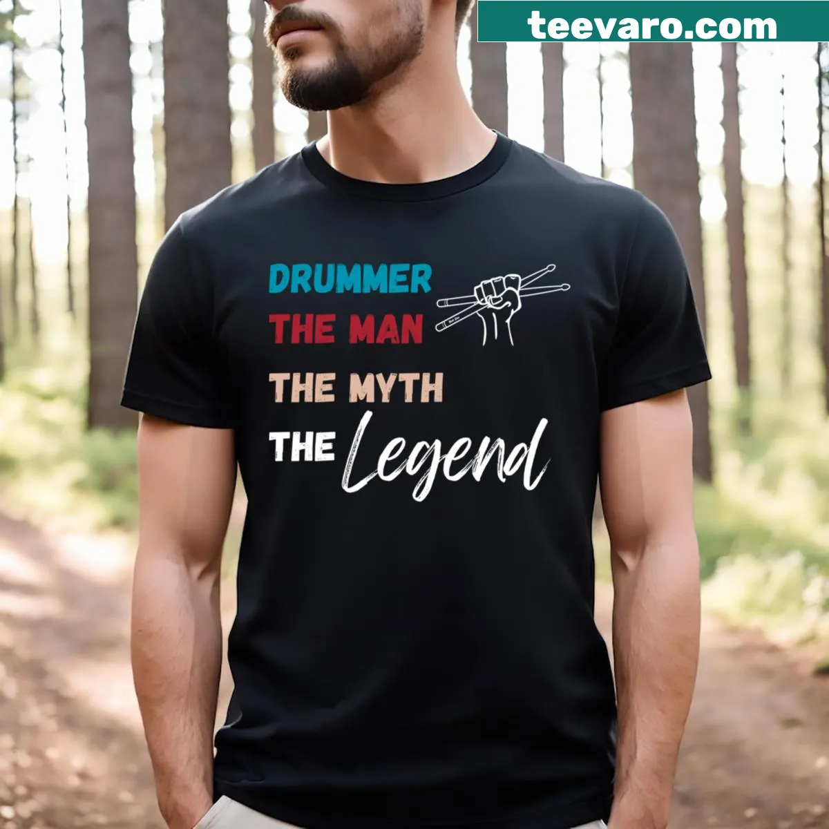 Drummer T-shirt with bold text and drum graphic — on a men's t-shirt