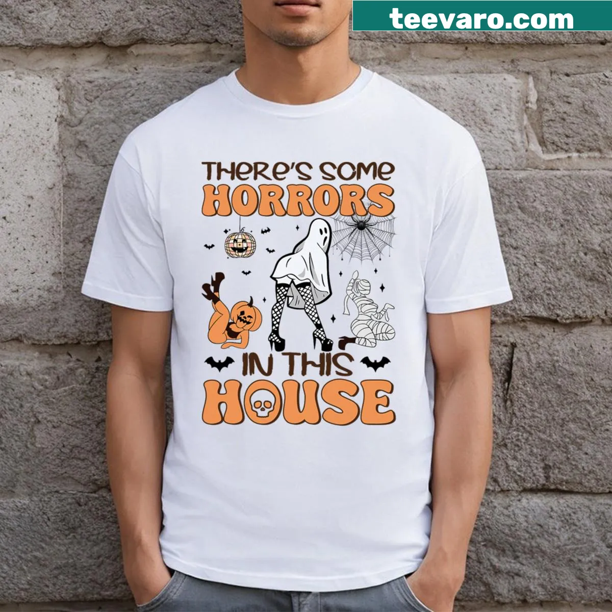 Funny Halloween T-shirt with a cartoon ghost and humorous text — on a men's t-shirt