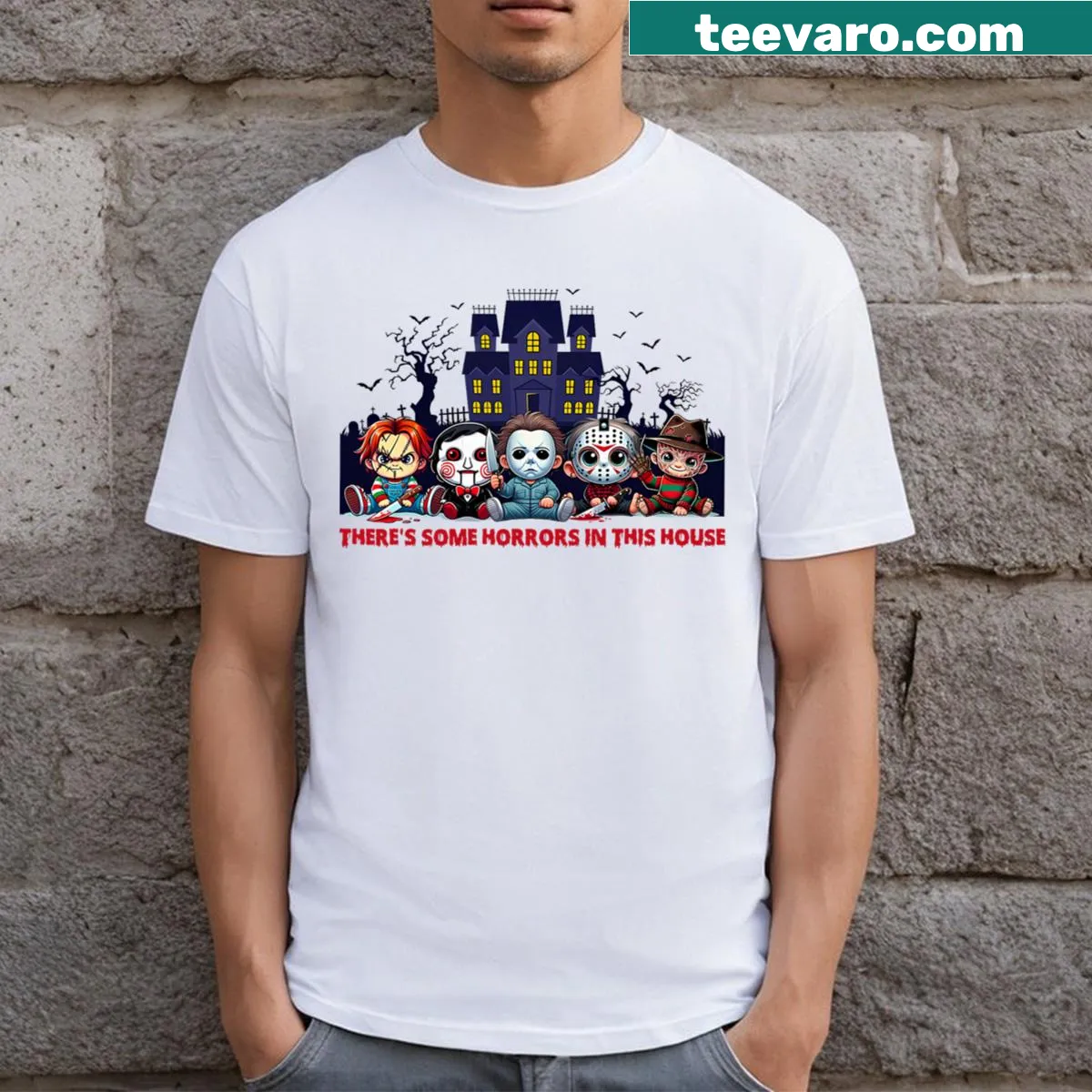 Funny Halloween T-shirt with playful horror-themed slogan — on a men's t-shirt
