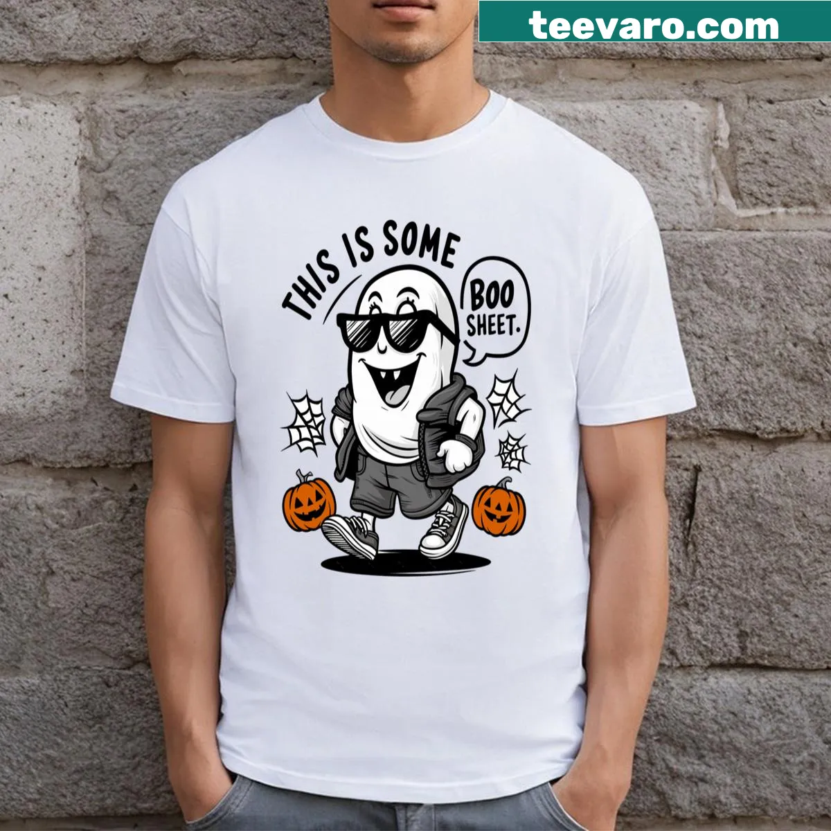 Funny Halloween T-shirt with ghost and humorous wording — on a men's t-shirt