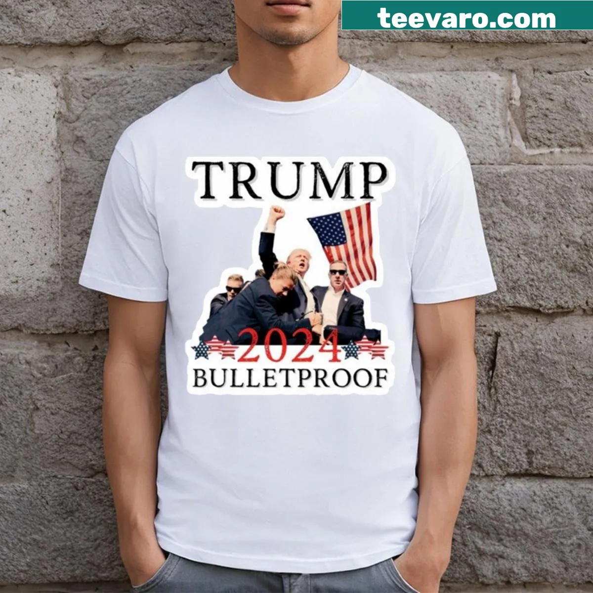 Trump Bulletproof 2024 t-shirt with bold political message — on a men's t-shirt