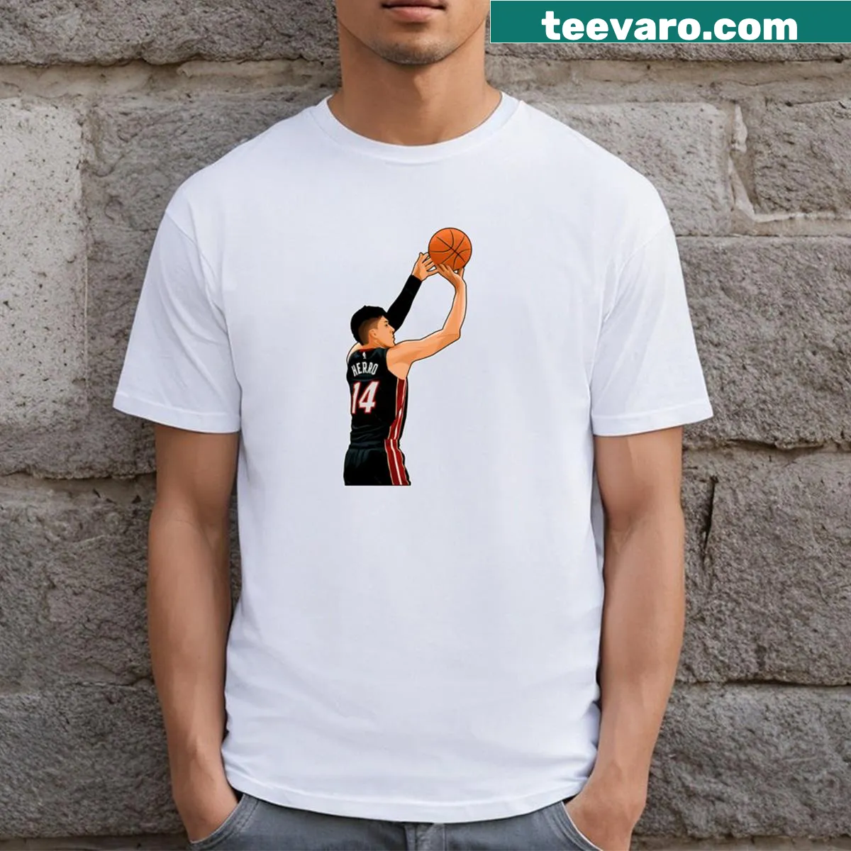 Basketball-themed T-shirt featuring Tyler Herro's number 14 in artistic style — on a men's t-shirt