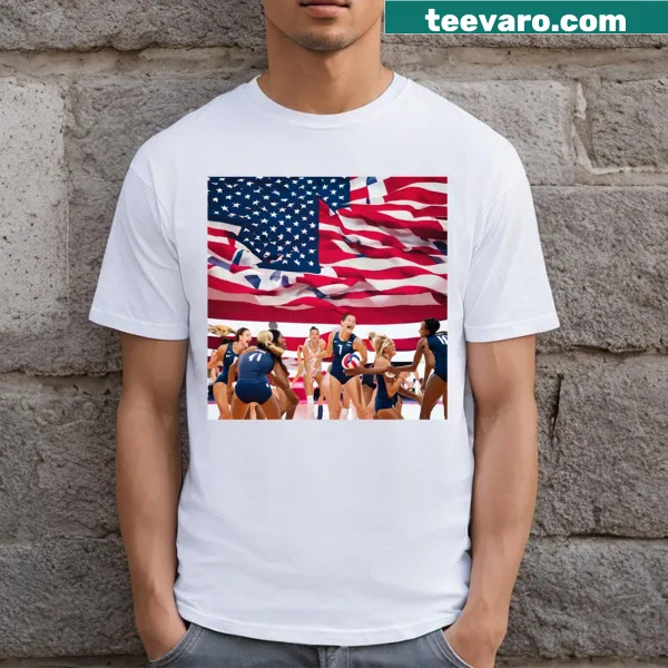 T-shirt featuring USA flag graphics and volleyball design