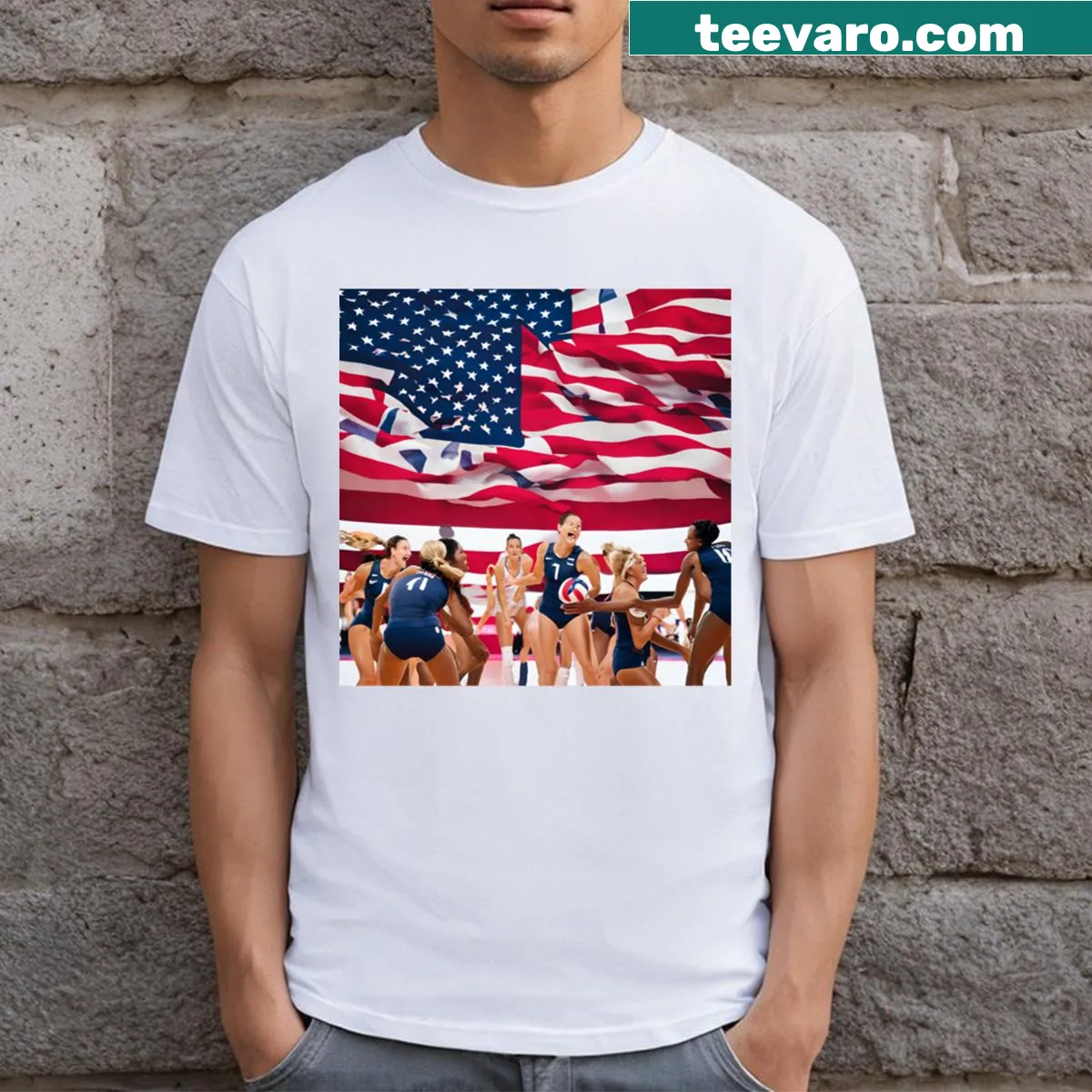 T-shirt featuring USA flag graphics and volleyball design — on a men's t-shirt