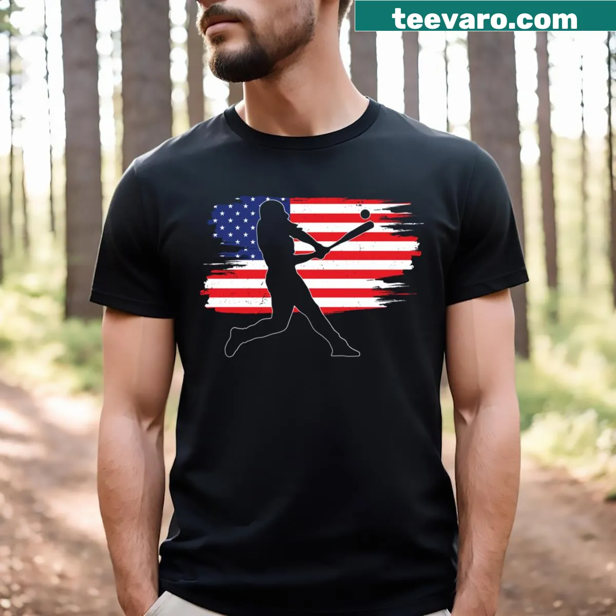 Vintage-style T-shirt featuring a baseball player and USA flag graphic. — on a men's t-shirt