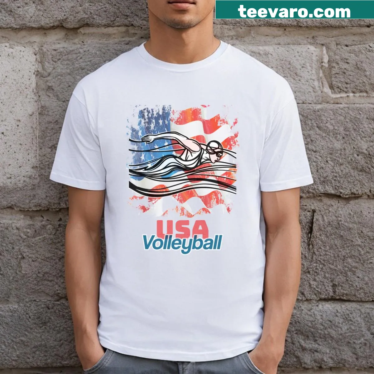 Swimming graphic with USA flag on t-shirt — on a men's t-shirt