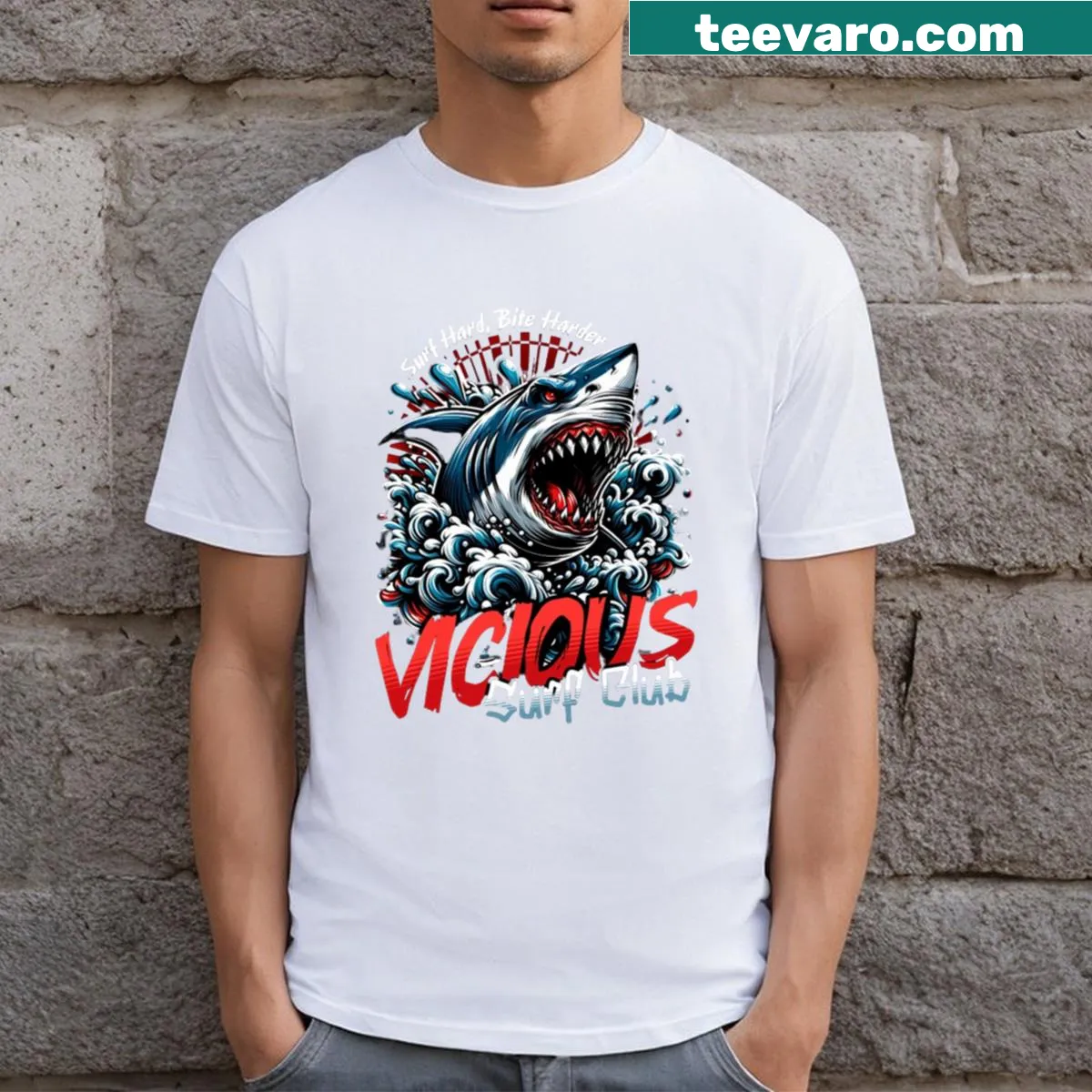Vicious Surf Club graphic T-shirt with bold typography — on a men's t-shirt