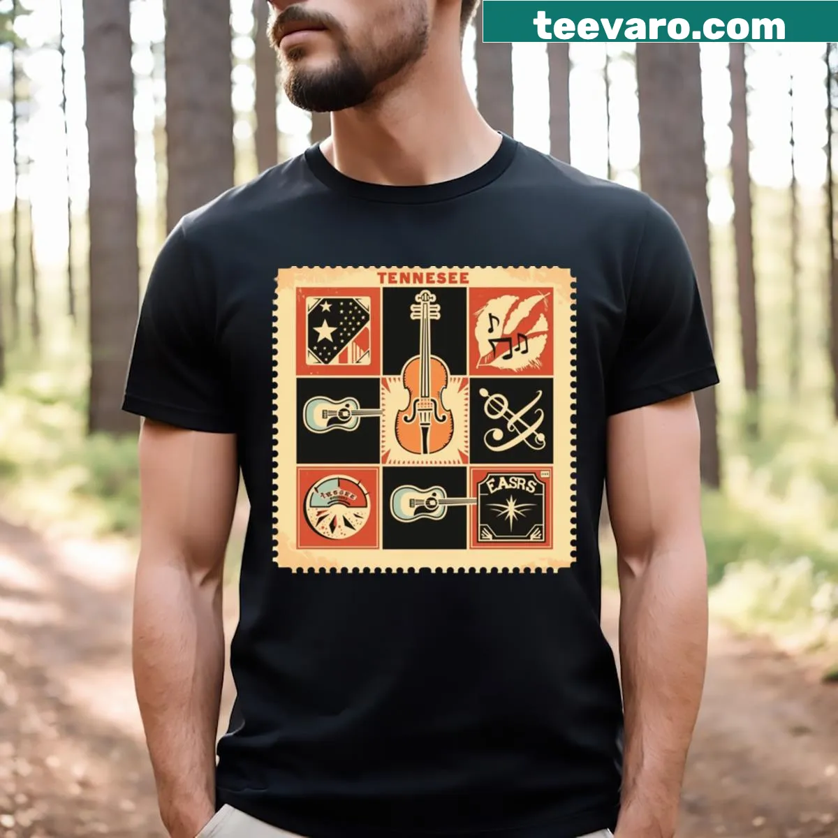 Tennessee-themed T-shirt featuring vintage music stamp graphics — on a men's t-shirt