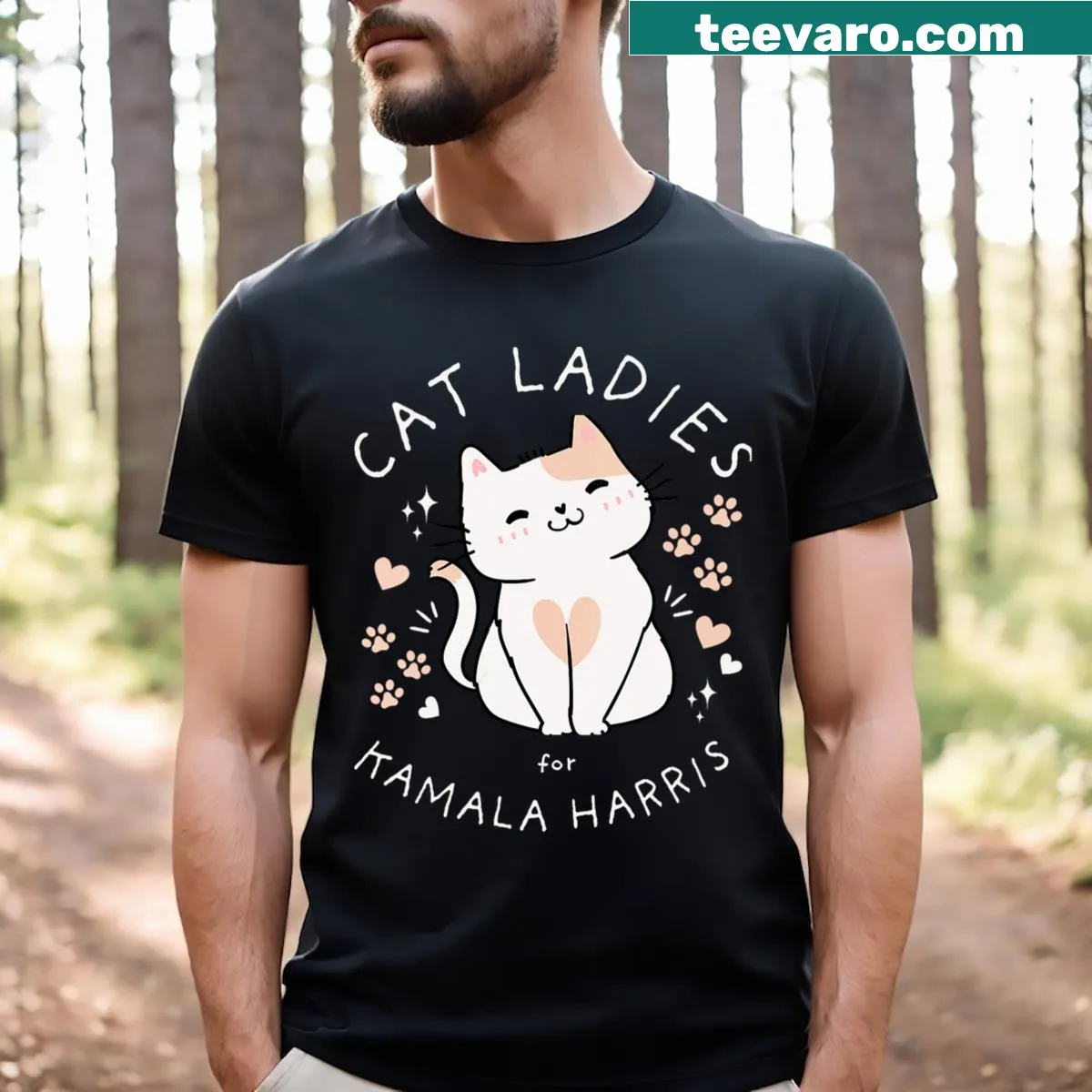 'Cat Ladies For Kamala Harris' text design on a women's V-neck T-shirt — on a men's t-shirt