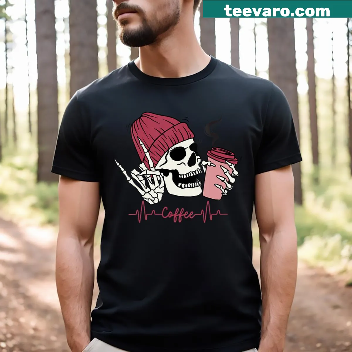 Skull and beanie design with 'Coffee Is Life' text on a V-neck T-shirt — on a men's t-shirt