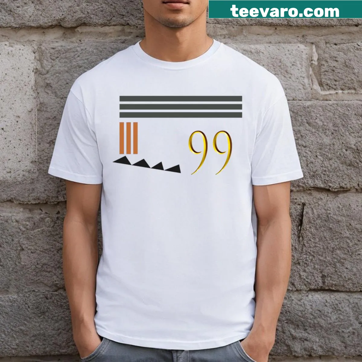 T-shirt with a prominent '99' graphic representing sports — on a men's t-shirt
