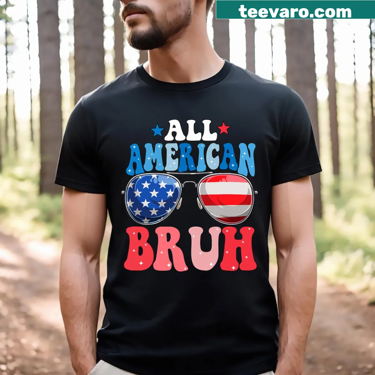 Patriotic Fourth of July shirt with playful typography — on a men's t-shirt