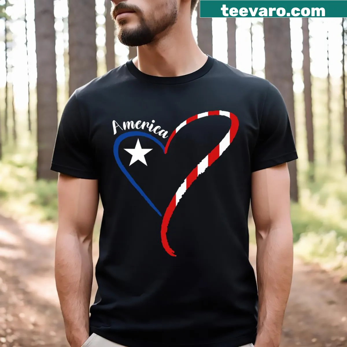 Patriotic tee with heart and American flag design — on a men's t-shirt