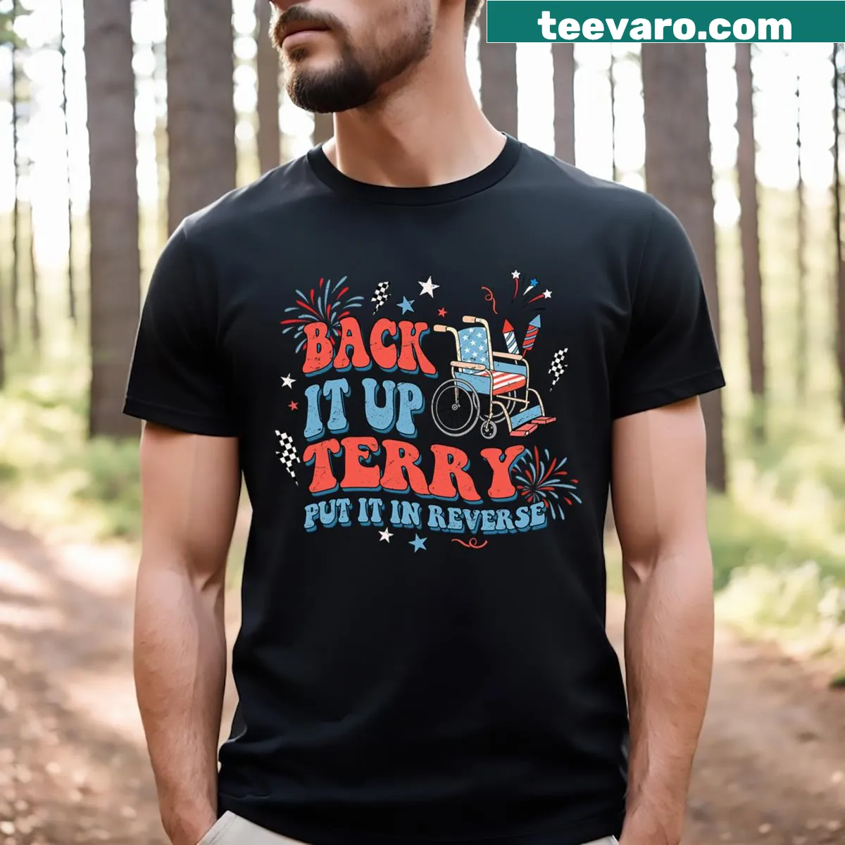 T-shirt with funny firework graphic and text for 4th of July — on a men's t-shirt