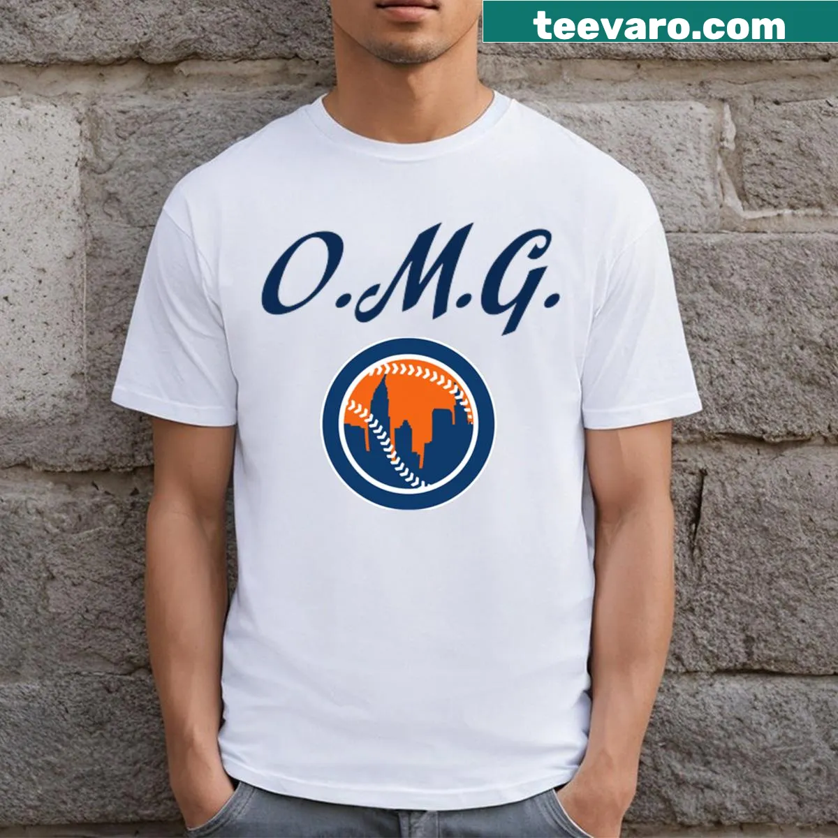 Minimalist baseball-themed OMG graphic T-shirt — on a men's t-shirt