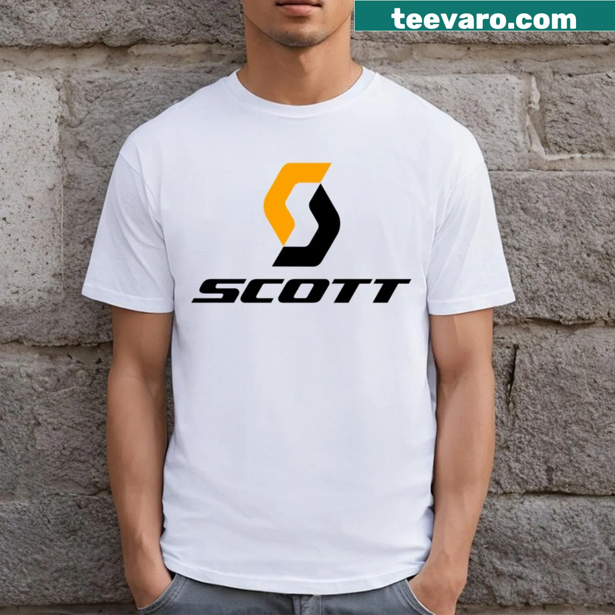 Scott bike logo featured on T-shirt — on a men's t-shirt