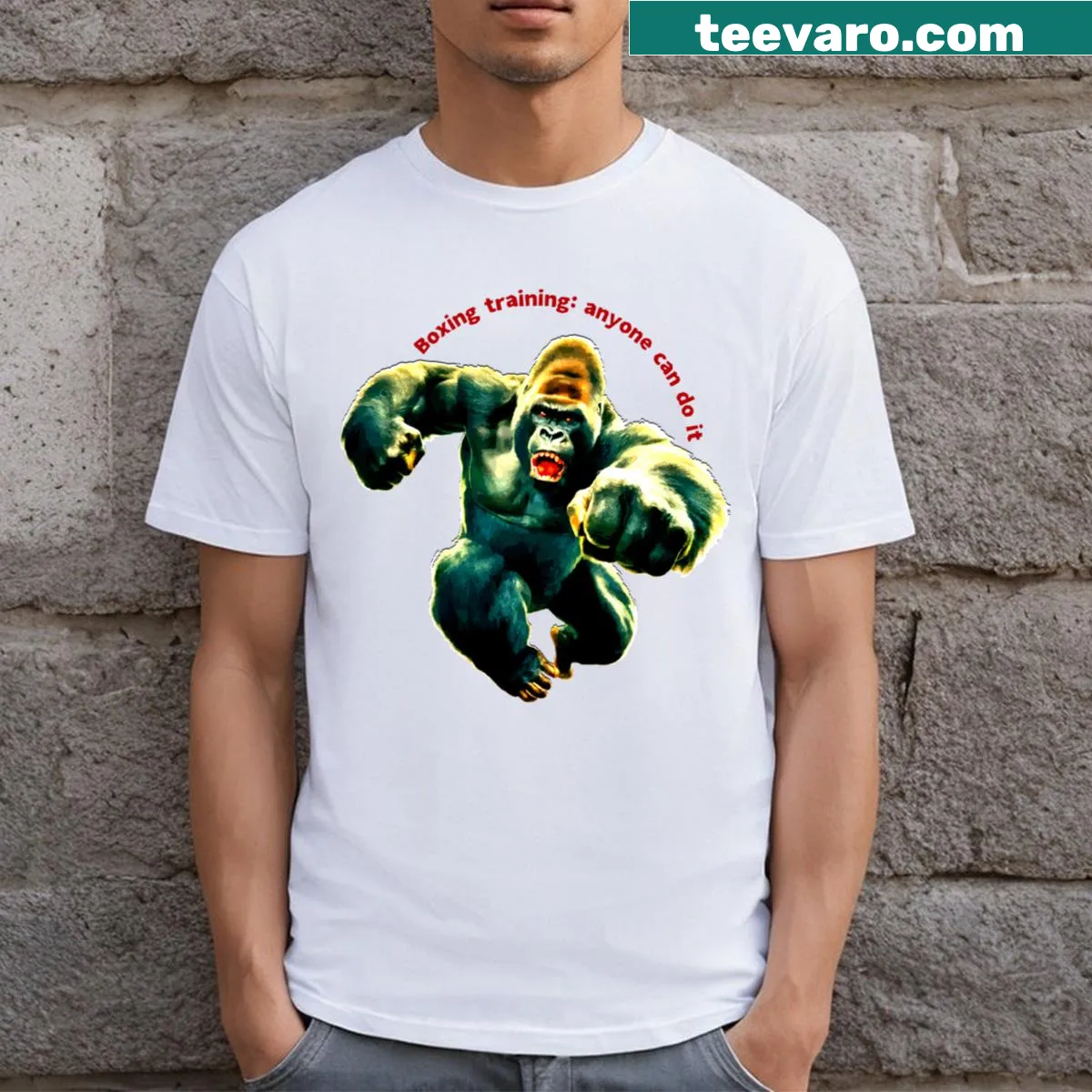 Graphic t-shirt featuring a boxing gorilla with a motivational punch design. — on a men's t-shirt