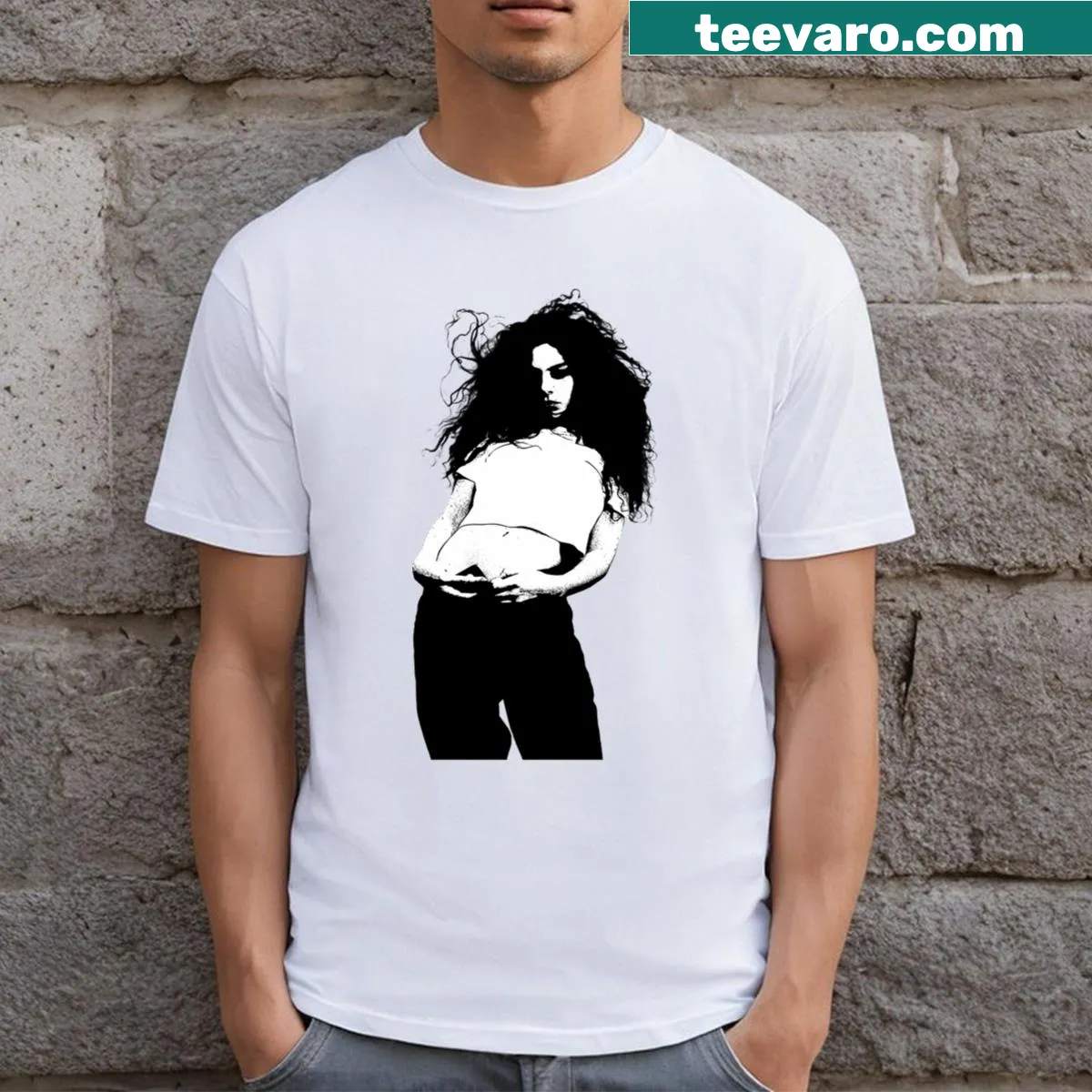 T-shirt with Charli XCX sticker-inspired graphic — on a men's t-shirt