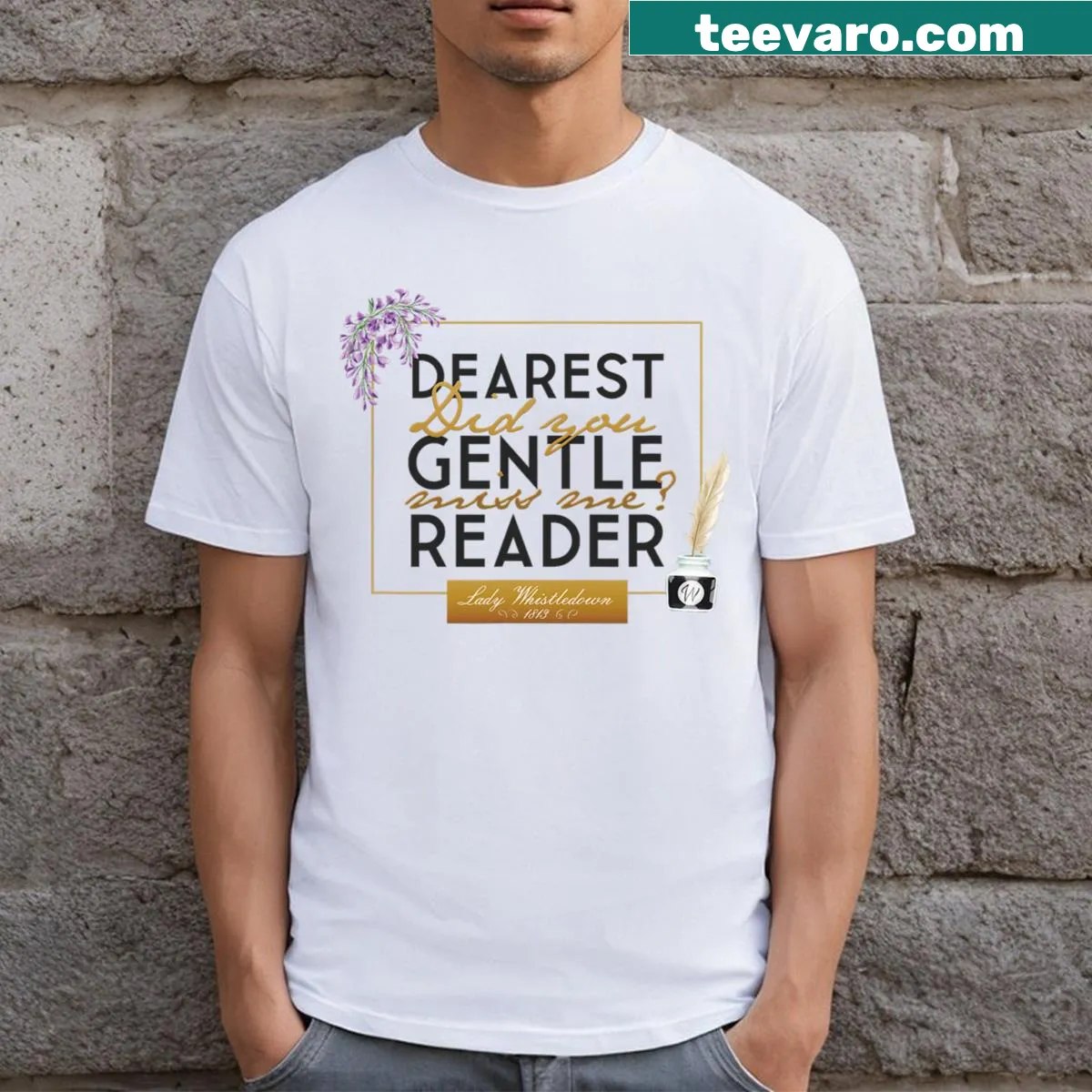 Bridgerton-themed T-shirt with Lady Whistledown quote — on a men's t-shirt