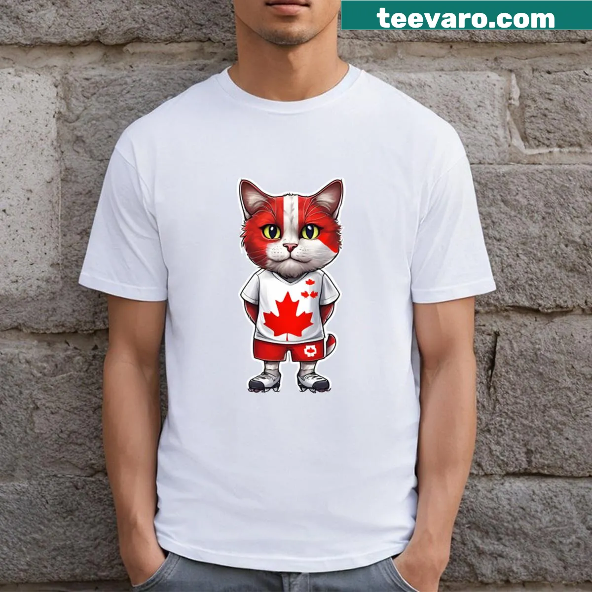 T-shirt featuring a cat wearing Canadian flag colors — on a men's t-shirt